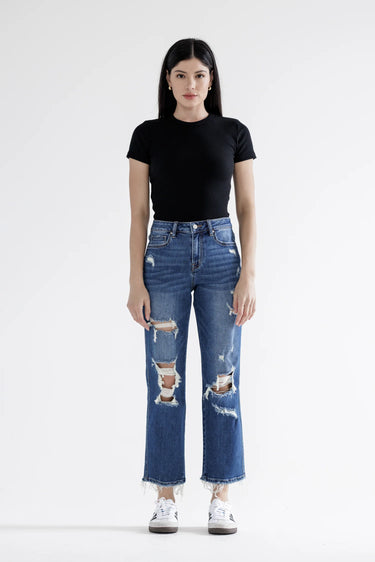 Mica Denim - High Rise Heavily Distressed Straight Crop Jeans (27.5" Inseam) - MDP-T3014M-SaltTree