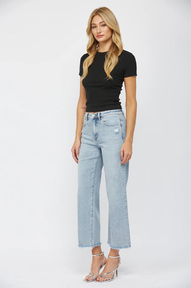 Mica Denim - High Rise Raw Hem Ankle Wide Leg Jeans (27" Inseam) - MDP-W3034LT-SaltTree