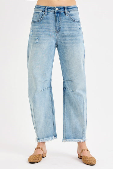 Risen Jeans - High Rise Slouchy Crop Barrel Distressed Jeans (27" Inseam) - PGC21183-SaltTree