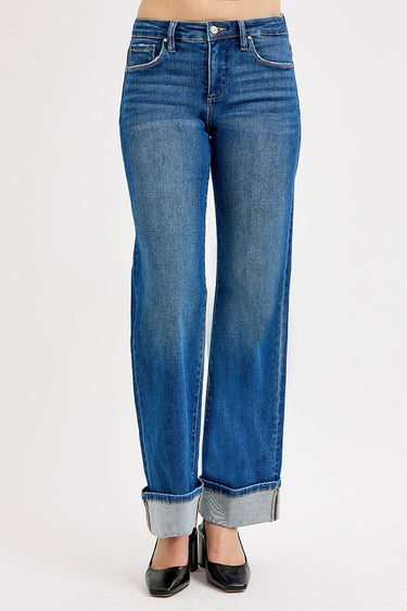 Risen Jeans - Tummy Control Mid Rise Wide Cuffed Jeans in Vintage Indigo (31" Cuffed Inseam) - PW21181-SaltTree