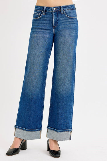 Risen Jeans - Tummy Control Mid Rise Wide Cuffed Jeans in Vintage Indigo (31" Cuffed Inseam) - PW21181-SaltTree