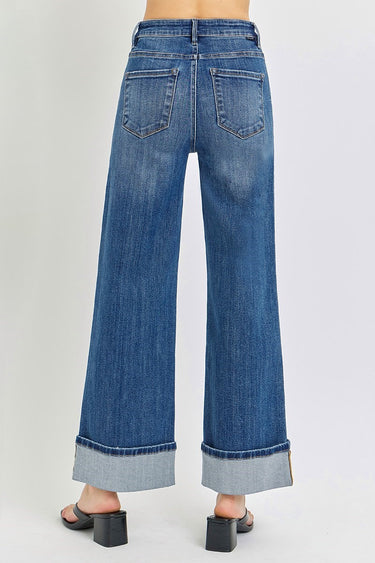 Risen Jeans - High Rise Tummy Control Wide Cuffed Jeans (28" Inseam) - RDP5974-SaltTree