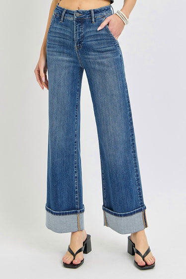 Risen Jeans - High Rise Tummy Control Wide Cuffed Jeans (28" Inseam) - RDP5974-SaltTree