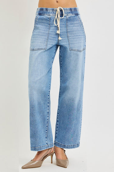 Risen Jeans - Elastic Band Slouchy Cropped Baggy Jeans - PWA21591