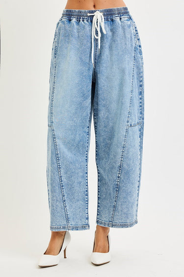 Risen Jeans - Elastic Band Slouchy Cropped Barrel Jeans (27.5" Inseam) - PG21199-SaltTree