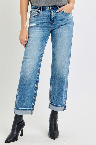 Risen Jeans - High Rise Ankle Boyfriend Distressed Jeans in Medium Indigo (27.5" Inseam) - PGA21013-SaltTree