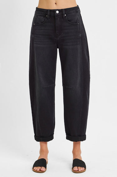 Risen Jeans - High Rise Boyfriend Cuffed Barrel Jeans in Washed Black (25.5" Inseam)- RDP5901B-SaltTree