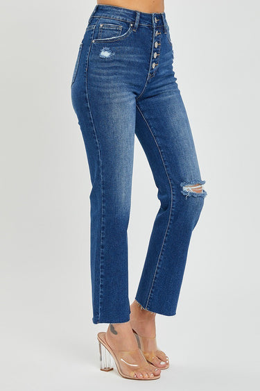 Risen Jeans - High Rise Crop Straight Button Down Distressed Jeans (27" Inseam) - RDP5585sz-SaltTree