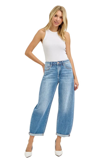 Risen Jeans - High Rise Cropped Barrel Leg Jeans in Vintage Dark Indigo (27.5" Inseam) - PGA21024-SaltTree