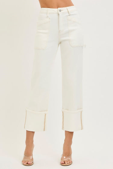 Risen Jeans - High Rise Straight Turn Up Cuffed Pants (27" Inseam) - PW21412-SaltTree