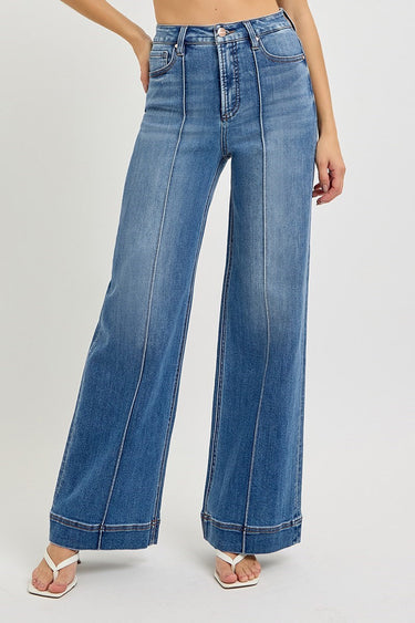 Risen Jeans - High Rise Tummy Control Wide Leg Front Pintuck Jeans (31" Inseam) - PWA21011-SaltTree