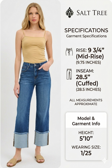 Risen Jeans - Mid-Rise Crop Wide Wide Cuffed Jeans (28.5" Inseam) - PWC21289-SaltTree