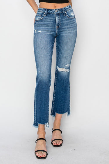 Risen Jeans - Mid-Rise Frayed Step Hem Ankle Straight Jeans (29" Inseam) - RDP5785-SaltTree