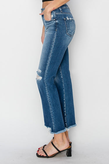 Risen Jeans - Mid-Rise Frayed Step Hem Ankle Straight Jeans (29" Inseam) - RDP5785-SaltTree