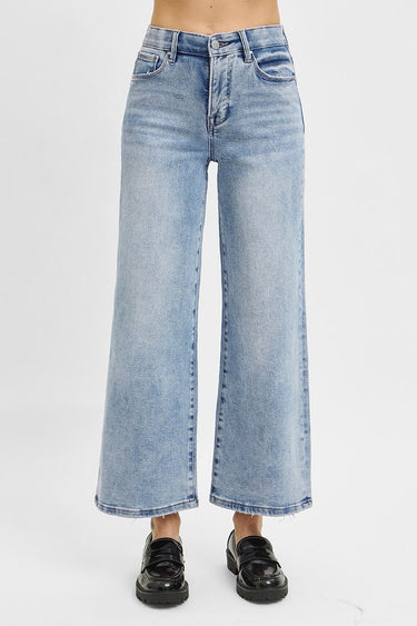 Risen Jeans - Tummy Control Elastic Band High Rise Crop Wide Jeans (27" Inseam) - RDP5909-SaltTree