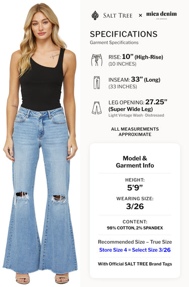 Mica Denim - High Rise Distressed Super Wide Leg Jeans (33" Inseam) - MDP-W3030LT