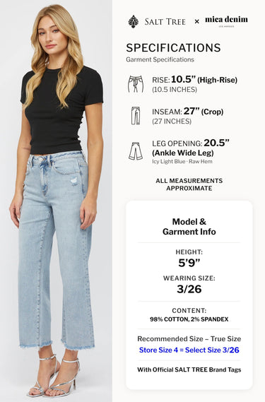 Mica Denim - High Rise Raw Hem Ankle Wide Leg Jeans (27" Inseam) - MDP-W3034LT