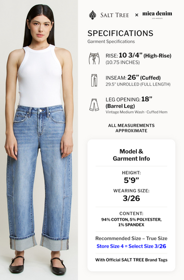 Mica Denim - High Rise Barrel-Leg Cuffed Hem Jeans (26"-29.5" Inseam) - MDP-W3525LT