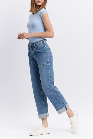 Vervet Denim - High Rise Tab Waistband Cuffed Slim Wide Jeans (32" Inseam)- T6700 - Final Sale-SaltTree