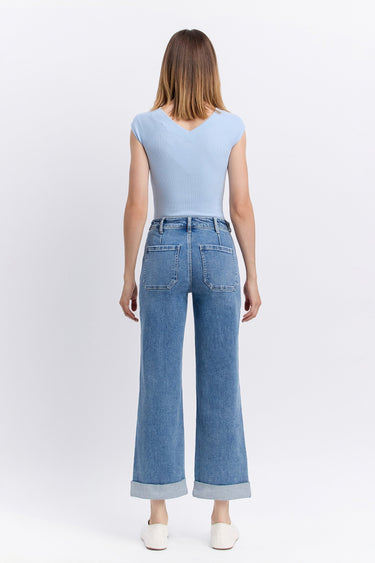 Vervet Denim - High Rise Tab Waistband Cuffed Slim Wide Jeans (32" Inseam)- T6700 - Final Sale-SaltTree