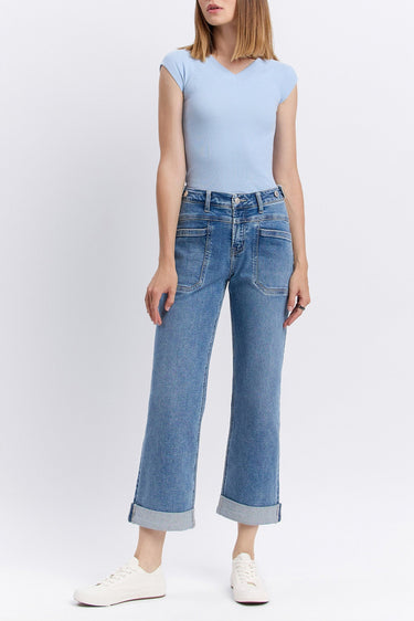 Vervet Denim - High Rise Tab Waistband Cuffed Slim Wide Jeans (32" Inseam)- T6700 - Final Sale-SaltTree