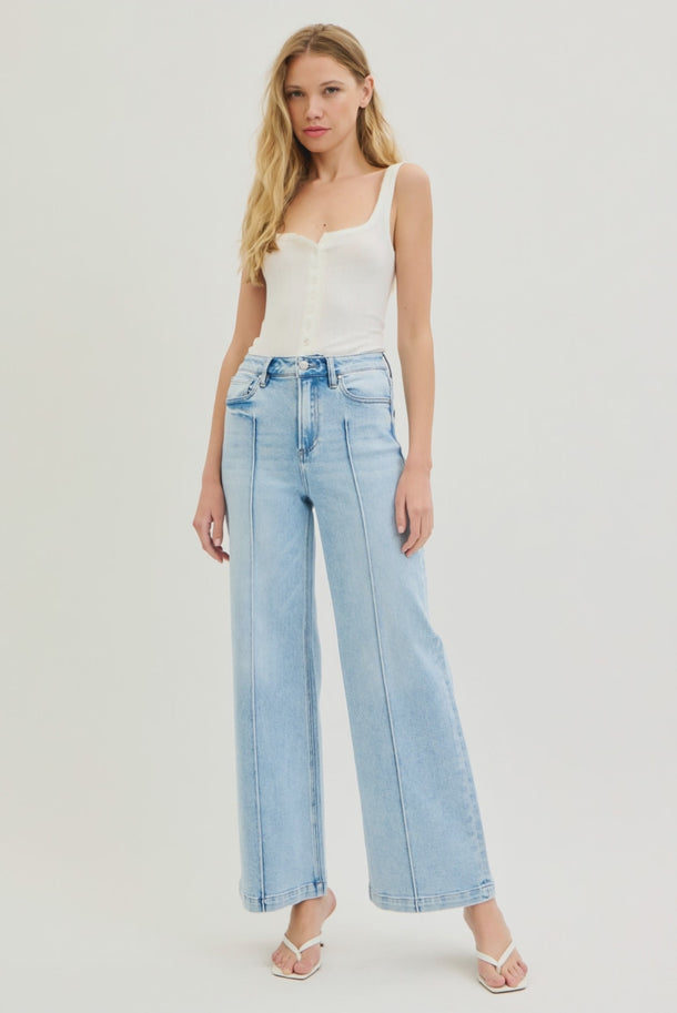 Risen Jeans - High Waist Pintuck Wide Leg Jeans (31