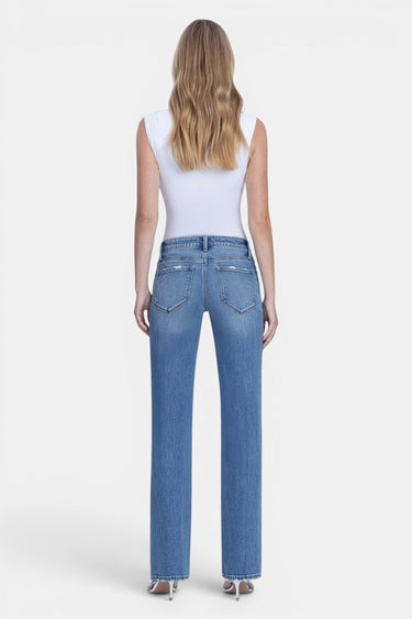 SaltTree Vervet mid rise full length straight jeans in medium wash denim with light distressing. Model is 5'10" wearing size 3/26.