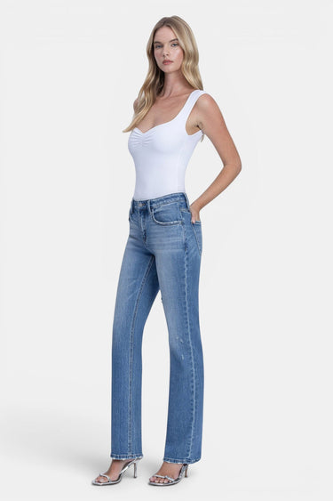 SaltTree Vervet mid rise straight leg jeans in medium wash denim with light distressing. Full length with a 32" inseam.