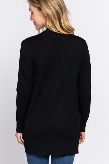 SaltTree Active Basic black long sleeve open cardigan with rib banded trim, worn by a blonde model from behind.
