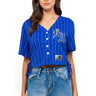 SaltTree American Bazi royal blue pinstripe cropped baseball jersey with rhinestone LA patch and side tie detail