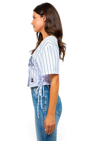 SaltTree American Bazi cropped baseball jersey with blue pinstripes, side tie detail, and rhinestone LA patch