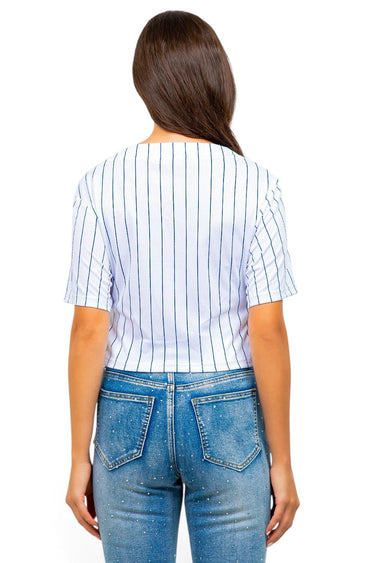 Back view of SaltTree American Bazi cropped baseball jersey in white with blue pinstripes on a model
