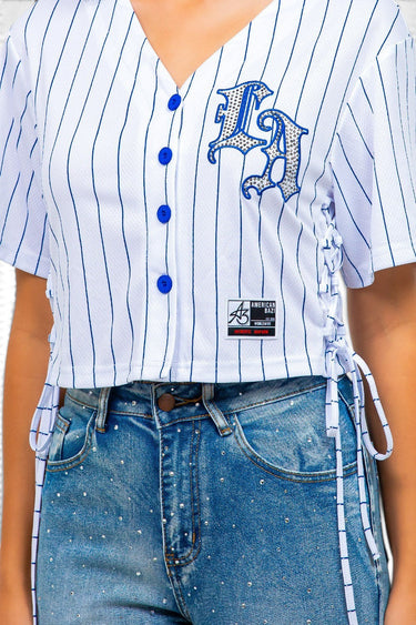 SaltTree American Bazi white pinstripe cropped baseball jersey with blue buttons and rhinestone LA chest patch