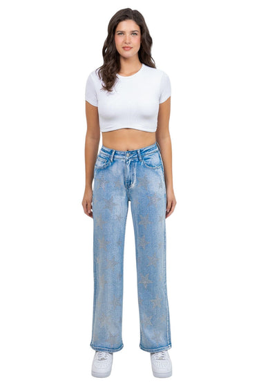 SaltTree American Bazi light blue wide leg jeans with star rhinestone patterns worn by a model in a white crop top