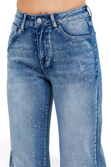 SaltTree American Bazi medium blue wash wide leg jeans featuring delicate rhinestone trim and button waist closure.