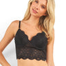 SaltTree ANWND black floral lace bralette top with V-neckline, adjustable straps, and a scalloped hem on a model.