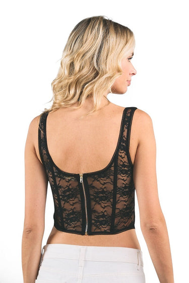 Back view of SaltTree ANWND black floral lace corset tank top with a gold back zipper and adjustable straps
