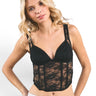 SaltTree model wearing a black ANWND floral lace corset tank top with a V-neckline and adjustable straps.