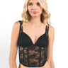SaltTree ANWND black floral lace corset tank top with V-neckline and adjustable straps worn by a blonde model