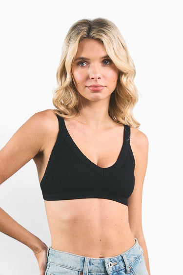 SaltTree ANWND black ribbed V-neck cami bra top worn by a blonde model against a white background