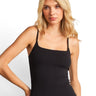 SaltTree ANWND black ribbed knit double-layered cami top with a square neckline and thin straps worn by a model