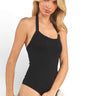 SaltTree ANWND black ribbed halter neck bodysuit with side cut detail worn by a blonde model