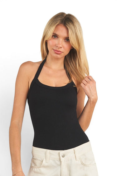 SaltTree ANWND black ribbed halter neck bodysuit with side cut detail worn by a blonde model
