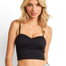 SaltTree ANWND black seamless bustier crop top worn by a blonde model with a sweetheart neckline and thin straps