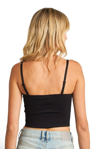 SaltTree ANWND black seamless bustier crop top worn by a blonde model, back view showing adjustable spaghetti straps.
