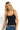 SaltTree ANWND black seamless cami top with spaghetti straps and shirred bust worn by a blonde model