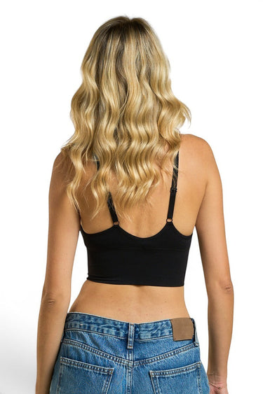 SaltTree ANWND seamless black crop bralette with adjustable spaghetti straps worn by a blonde model, back view