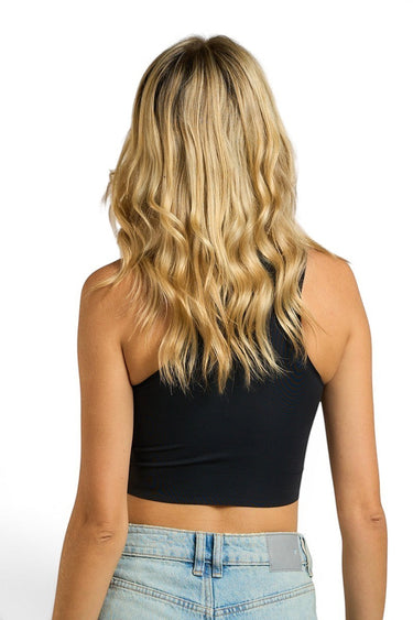 SaltTree ANWND black seamless high neck crop top worn by a blonde model, back view.