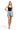 Model wearing SaltTree ANWND black square neck sleeveless bodysuit with wide straps and light wash denim shorts