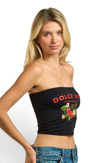SaltTree model wearing a black ANWND strapless tube top with Dolce Vita Italian Market and strawberry graphic print